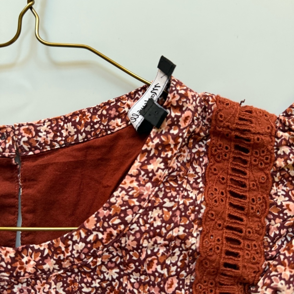 Madewell Floral Flutter-Sleeve Mini Dress Womens Large Cottage Garden Rust Brown - Picture 10 of 11